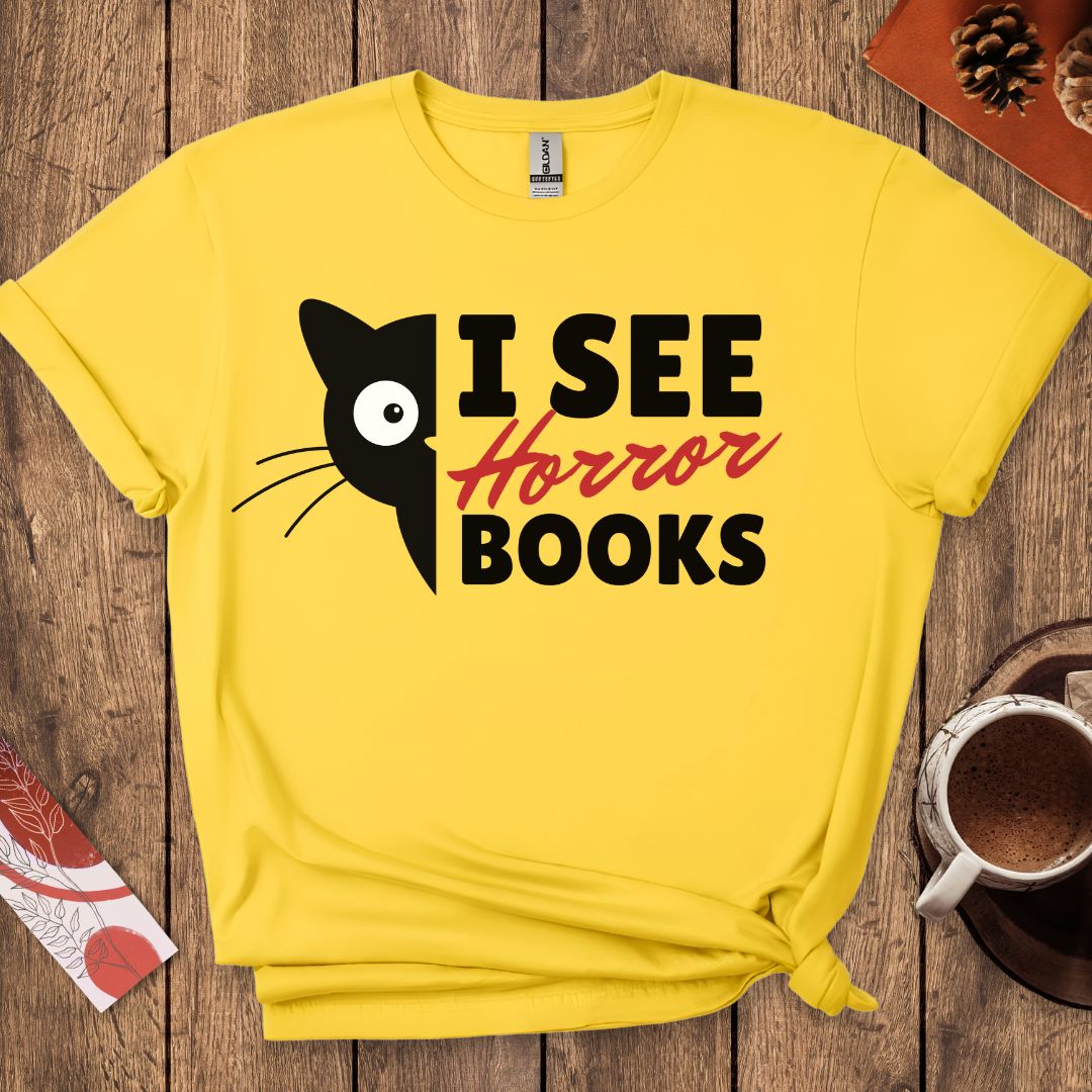 I See Horror Books Funny Cat Book Lover T-Shirt