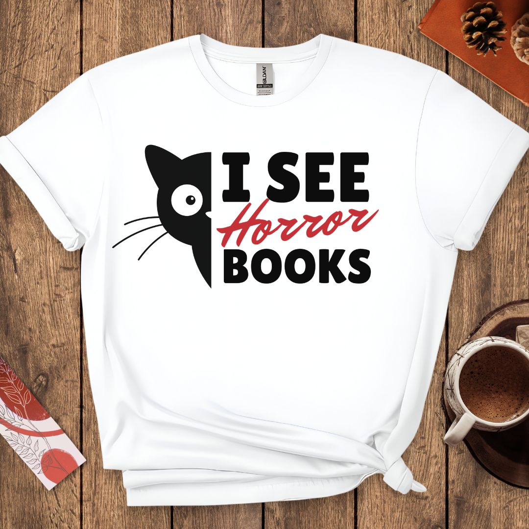 I See Horror Books Funny Cat Book Lover T-Shirt